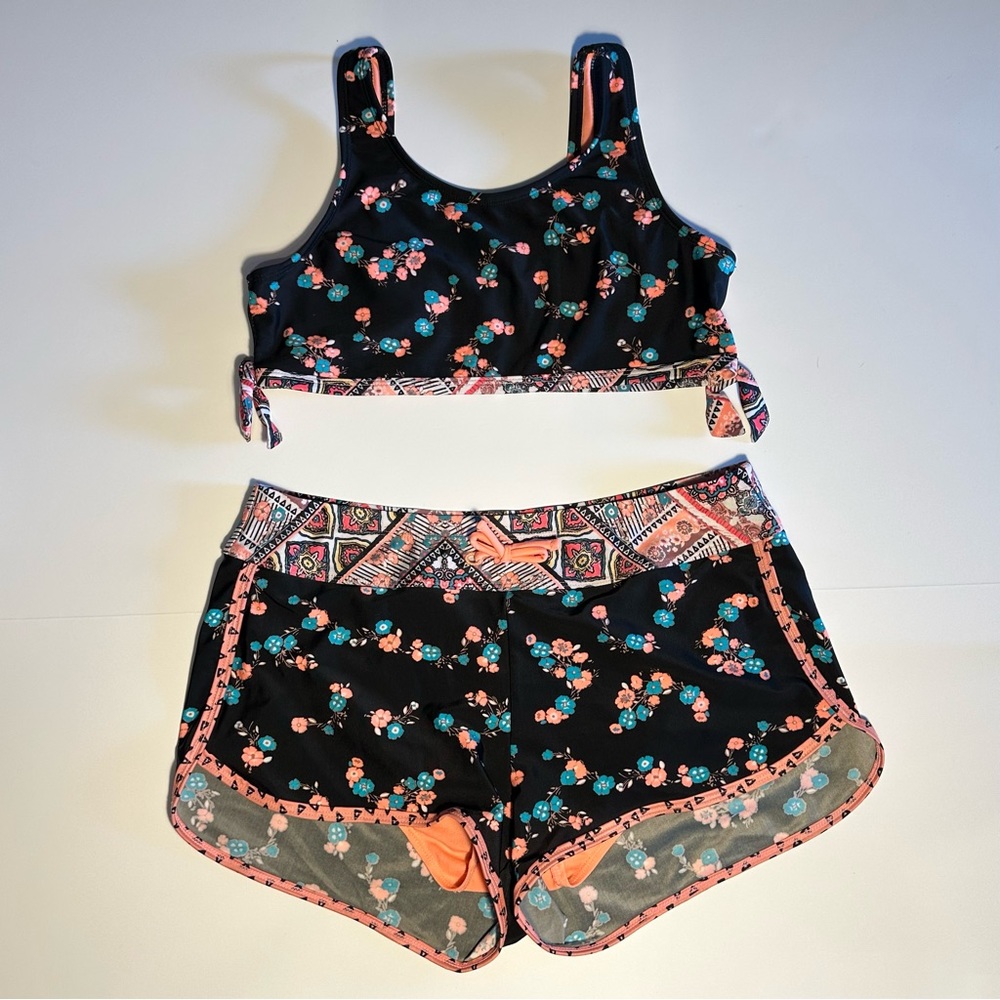 Black floral Wonder Nation 2 piece girls swimsuit.